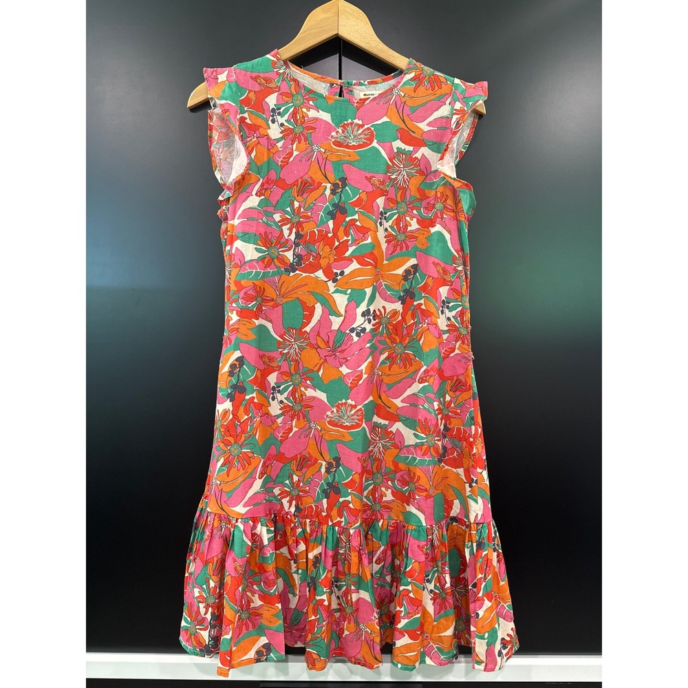 Marine Layer Floral Linen Blend Ruffle Shift Dress Orange Pink XS